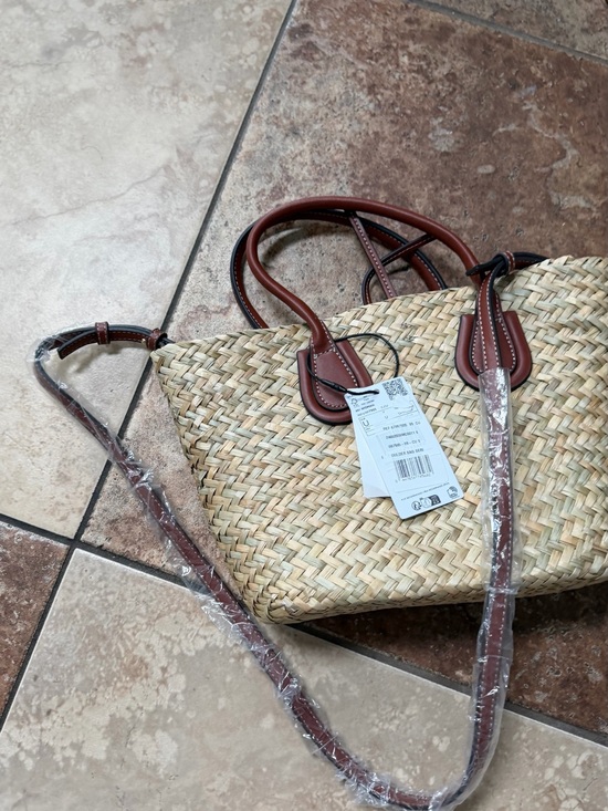 Mango Handbags - Mango Natural Woven Tote with Brown Leather Handles